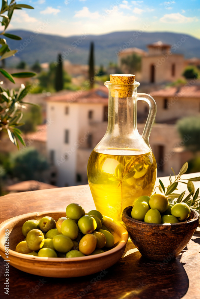 Olive oil against the backdrop of the Italian village. Generative AI, Olive oil against the backdrop of the Italian village. Generative AI,