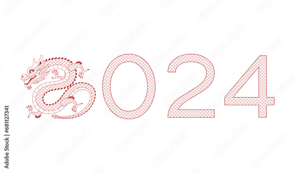 2024 New Year typography with Chinese dragon outline illustration. Asian zodiac sign cartoon character. Hand drawn style vector. Design element for traditional holiday card, banner, poster, decor 2024 New Year typography with Chinese dragon outline illustration. Asian zodiac sign cartoon character. Hand drawn style vector. Design element for traditional holiday card, banner, poster, decor