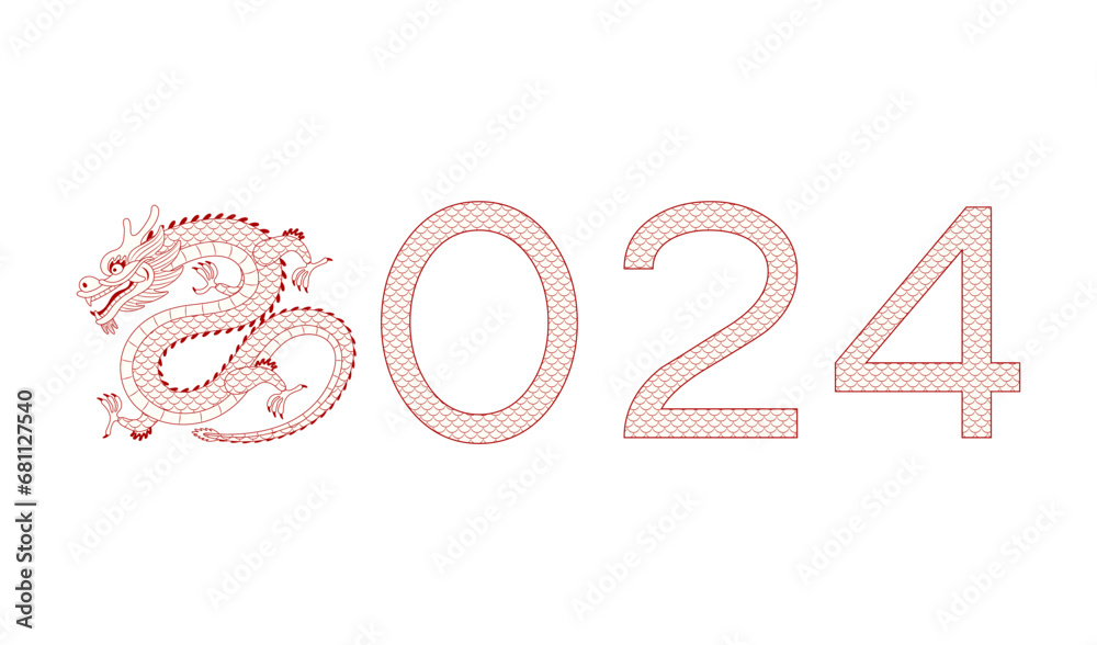 2024 New Year typography with Chinese dragon line art illustration. Asian zodiac sign cartoon character. Hand drawn style vector. Design element for traditional holiday card, banner, poster, decor 2024 New Year typography with Chinese dragon line art illustration. Asian zodiac sign cartoon character. Hand drawn style vector. Design element for traditional holiday card, banner, poster, decor
