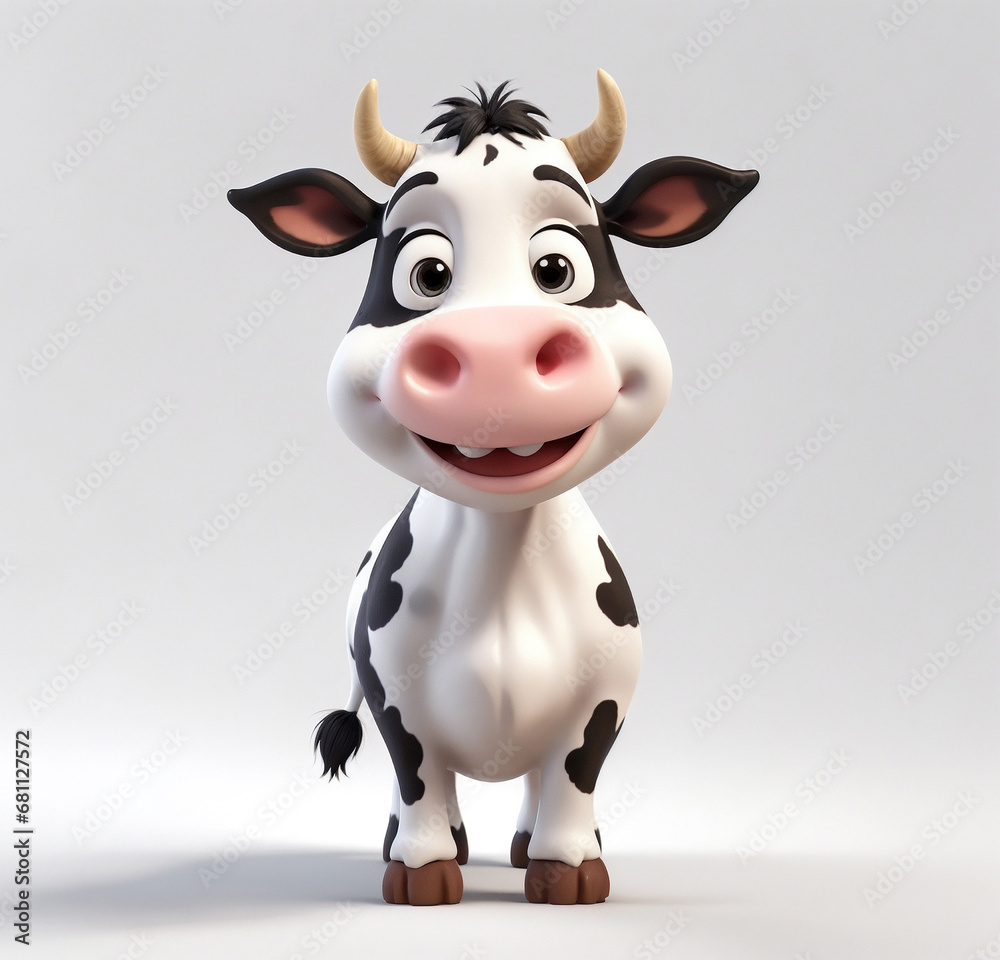 A 3d cartoon character happy cow front view on the white background, looking cute, adorable and joyful