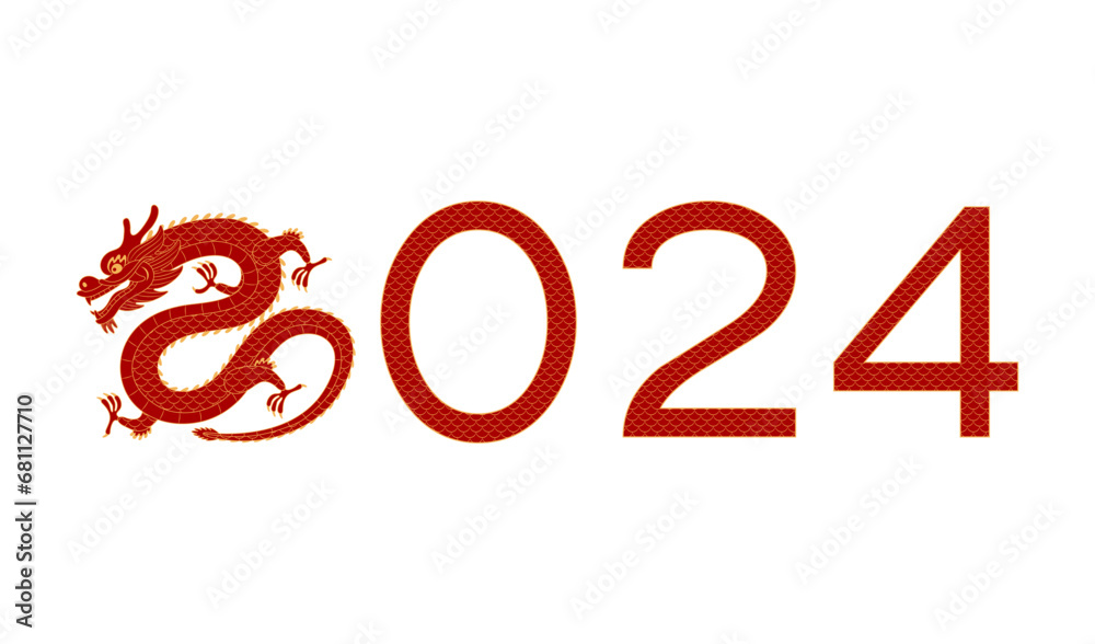 2024 New Year typography with Chinese dragon line art illustration. Asian zodiac sign cartoon character. Hand drawn style vector. Design element for traditional holiday card, banner, poster, decor