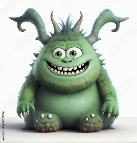 A 3d funny cartoon character green monster sitting on floor on the white background  looking cute  adorable and joyful