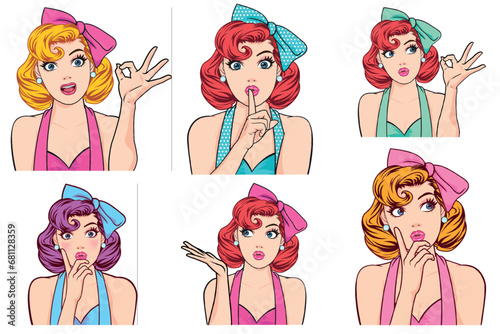 Set of beautiful girls comic pop art style with colorful fashion & hairstyle . Wow pop art face with sexy open mouth surprised expression. Vector pop art retro comic style V7.