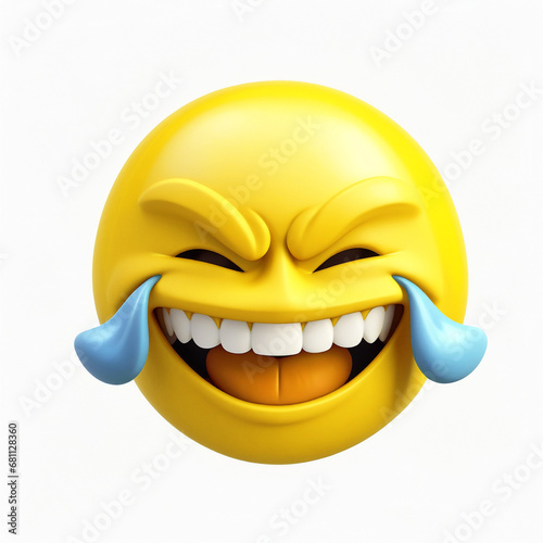 Cute smiling happy yellow face icon emoji laugh out loud in 3d cartoon style character on white background