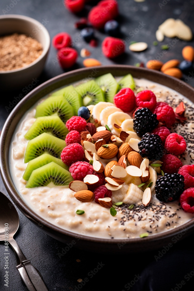 Porridge for breakfast with berries and fruits. Generative AI, Porridge for breakfast with berries and fruits. Generative AI,