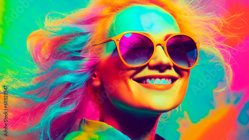 Portrait of a beautiful young woman with long blonde hair wearing sunglasses over colorful background