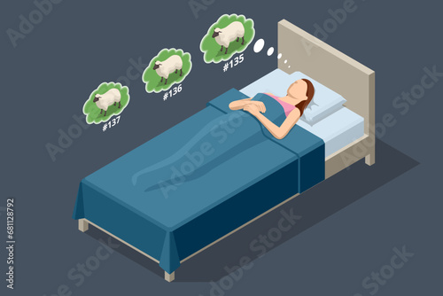 Isometric sleepy exhausted woman lying in bed, can not sleep. Insomnia. Tired woman lying in bed and counting sheep to fall asleep. Frustrated woman in bed suffering insomnia
