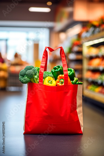 A bag of vegetables on the background of a supermarket. Generative AI,