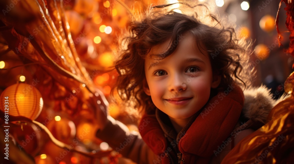 A child next to the head of a red dragon against the background of a Chinese A child next to the head of a red dragon against the background of a Chinese