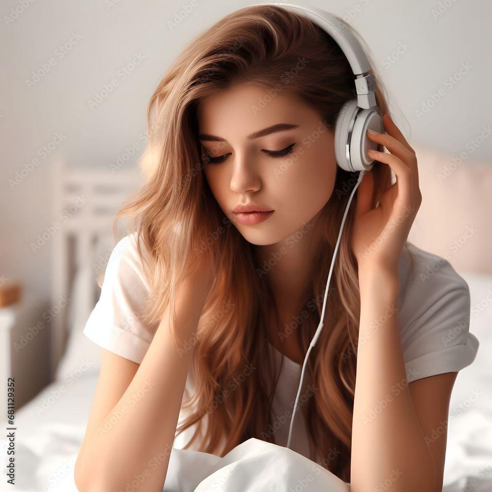 teenager sitting on her bed with headphones on listening to music. Generative AI teenager sitting on her bed with headphones on listening to music. Generative AI