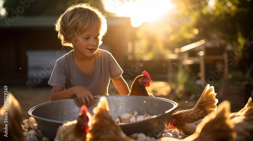 A child talks to the chickens and feeds them grain from their bucket photo
