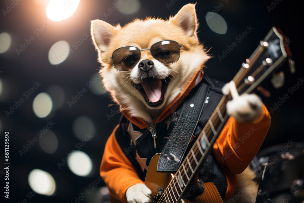 A Chihuahua Dog with sunglasses playing guitar on the stage of the concert hall. Talented dog, professional musician performing, music, hobby, festival, modern art collage. Rock Star, rock'n roll - obrazy, fototapety, plakaty 
