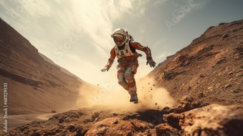 astronaut running scared on an unknown planet.