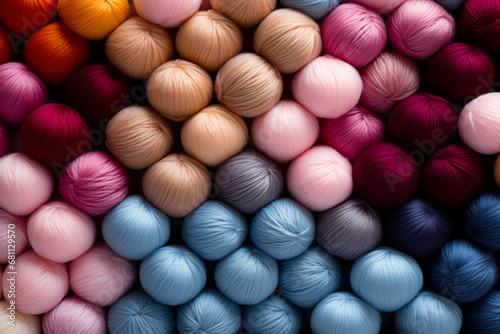 Close-up of colored Balls of Wool. Background from Materials for needlework. Rack with multi-colored yarn threads for knitting in the store.