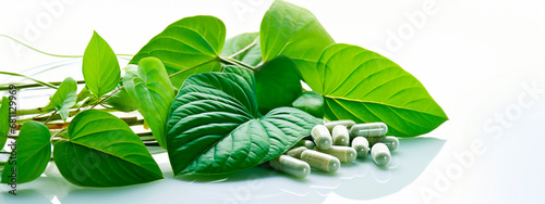 Supplements vegetable capsules and leaves isolate on a white background. Generative AI, photo
