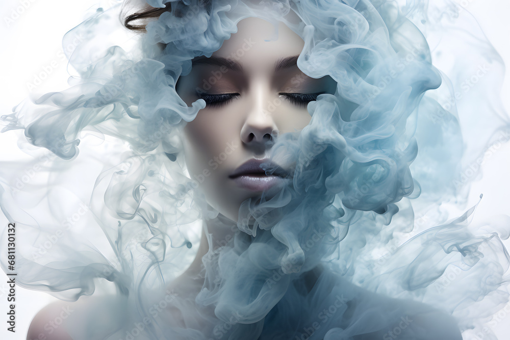 Woman’s head covered with cloud or smoke portrait art photo Woman’s head covered with cloud or smoke portrait art photo