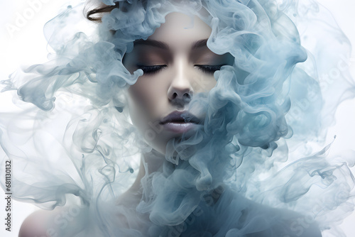 Woman   s head covered with cloud or smoke portrait art photo