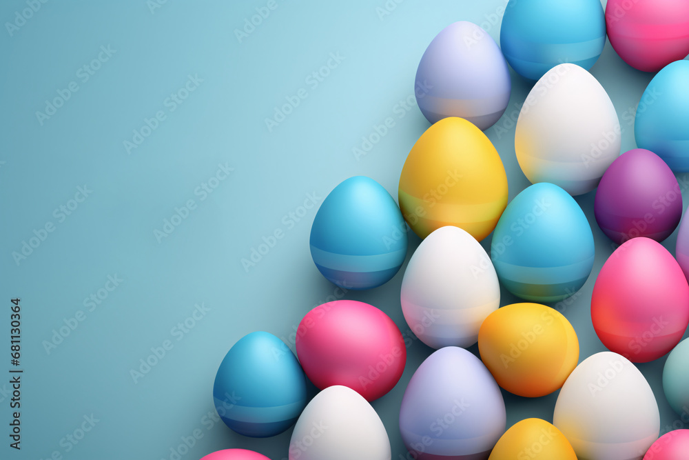Easter eggs in pastel colors with negative space. 3D style background banner design.