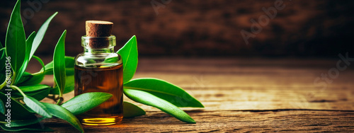 Tea tree essential oil in a bottle. Generative AI, photo