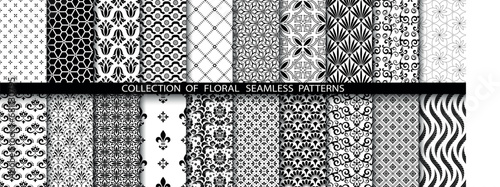 Geometric floral set of seamless patterns. White and black vector backgrounds. Damask graphic ornaments.
