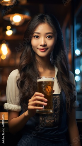 Asian girl holding a glass of beer