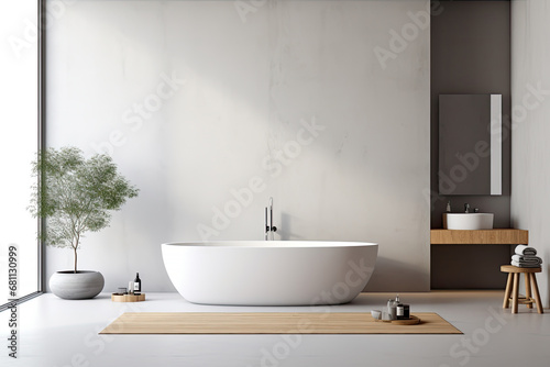 Modern clean bright minimal style of marble bathroom interior decorate with bathtub  mirror and sink  minimal decor concept.