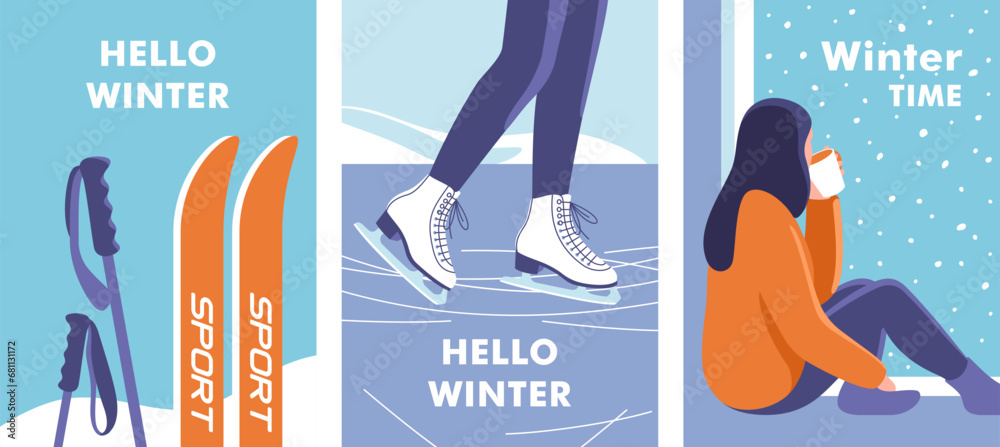 Winter time. Concept of vacation and travel. Skis and poles in the snow. Woman skates on ice rink. Young woman drinks coffee sitting on a windowsill. Vector illustration. - obrazy, fototapety, plakaty 
