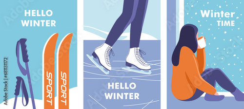Winter time. Concept of vacation and travel. Skis and poles in the snow. Woman skates on ice rink. Young woman drinks coffee sitting on a windowsill. Vector illustration. photo