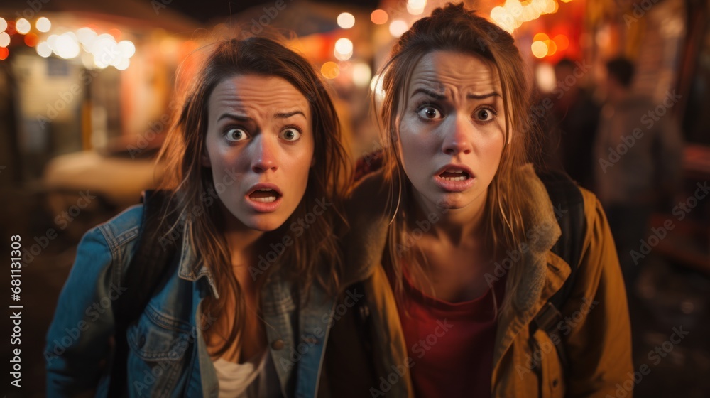 Two teenage girls stand side by side in sadness. Two teenage girls stand side by side in sadness.