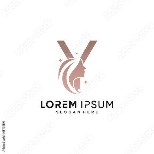 Beauty logo design combined on letter y with woman face icon and creative element