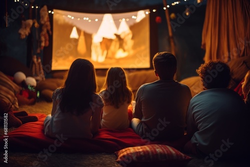 Photo from behind of a family having a cozy movie night. Generative AI photo