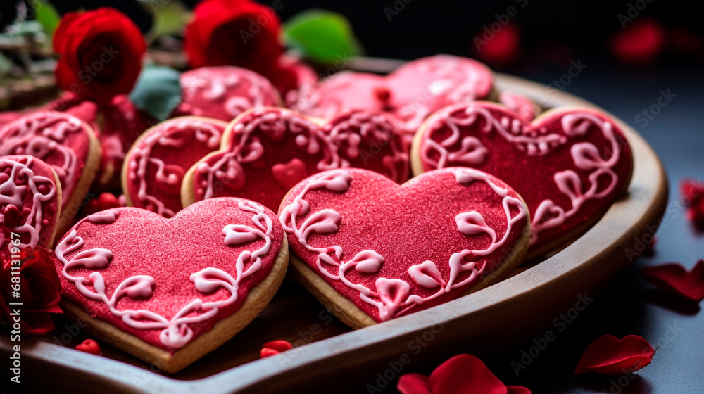Cookies in the shape of hearts in glaze. Generative AI, Cookies in the shape of hearts in glaze. Generative AI,