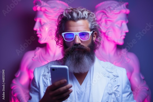 Portrait of Zeus wearing glasses with a smartphone in his hand against a background of Greek sculptures illuminated in pink. © Владимир Солдатов