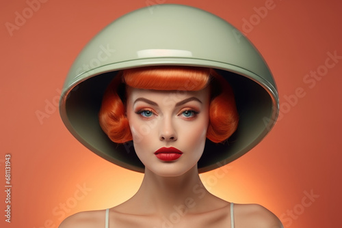 Retro portrait of red-haired blue-eyed girl wearing retro helmet on orange background.