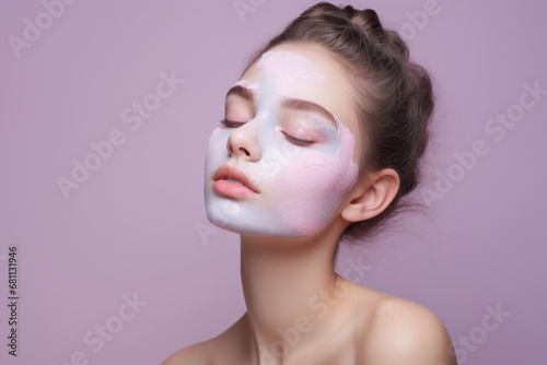 Portrait of a young woman with her eyes closed and a cosmetic mask applied to her face on a lavender background.