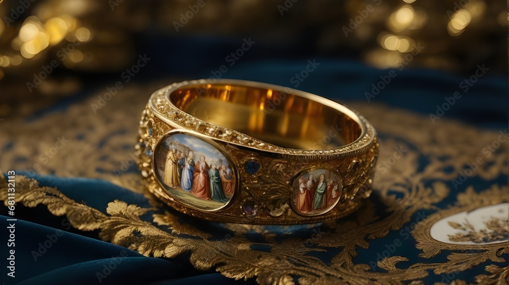 a gold ring with pictures of people on it a gold ring with pictures of people on it