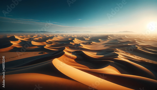 Photorealistic panoramic view of a desert with rolling sand dunes, long shadows, and a bright blue sky