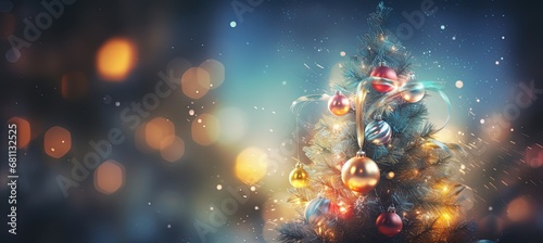 a Christmas tree with ornaments and decorations in dreamy atmosphere with glitter glow and bokeh light, generative Ai 
