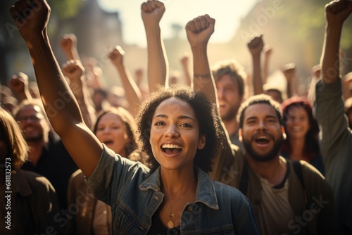 Multi-ethnic people raise their fists up in the air,