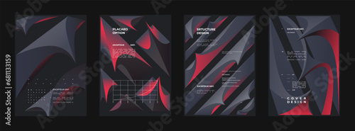Abstract set Placards, Posters, Flyers, Banner Designs. Vertical A4 format. Colorful 3d form composition Polyhedral simple 3D shapes.