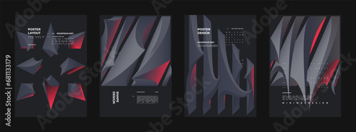 Abstract set Placards, Posters, Flyers, Banner Designs. Vertical A4 format. Colorful 3d form composition Polyhedral simple 3D shapes.