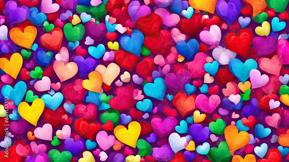 Fototapeta premium Valentine's day multicoloured background, many hearts of different shapes