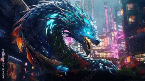 Cybernetic Dragon Over Metropolis. AI Surreal Marvels © MAY