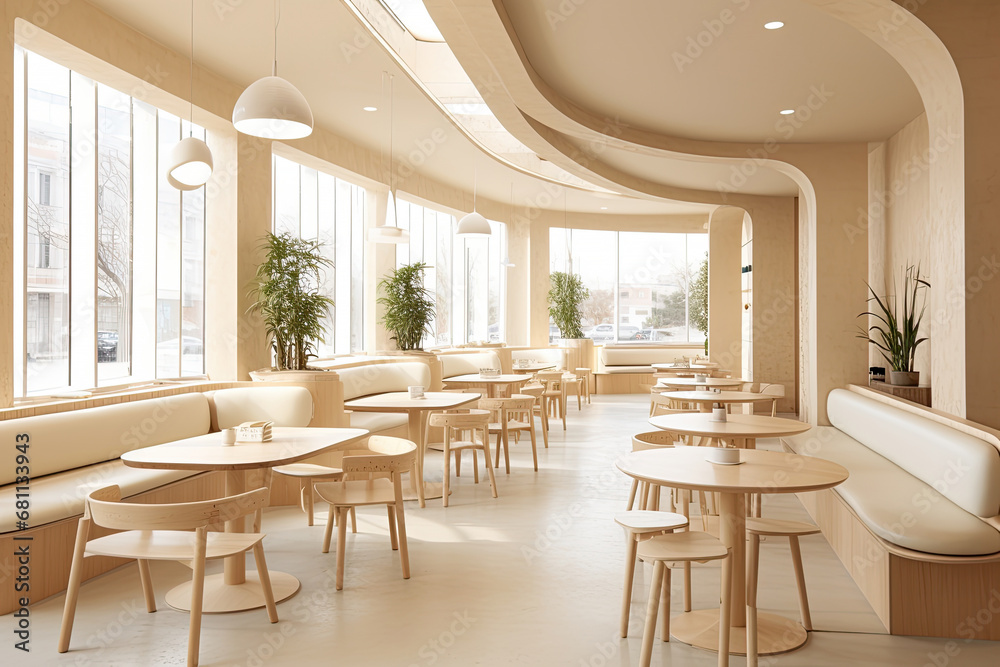 Minimal interior design of cafe or coffee cafe bar shop in clean minimalist style, decorated with warm tone, relaxing tones with glossy ivory white round corner counter and coffee machinery.