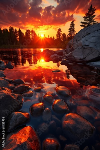 A Serene Sunset Over a Reflective Lake With Rocky Foreground