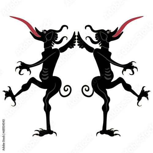 Symmetrical design with two medieval devils or demons with their tongues sticking out. Isolated vector illustration.
