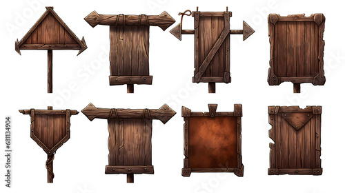 A set of Dark Brown wooden vintage style cartoon Empty Singpost, Medieval Sing board collection, PNG, Isolated background  photo