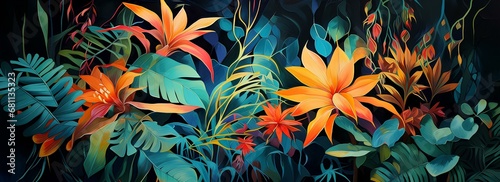 Background with colorful leaves, tropical plants, flowers and leaves, nature, bright tones and rich colors.