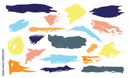 Set of colorful brush strokes, lines, hand painted design elements. Boxes, textures, backgrounds for text. Rough grunge edges. Artistic brushes.