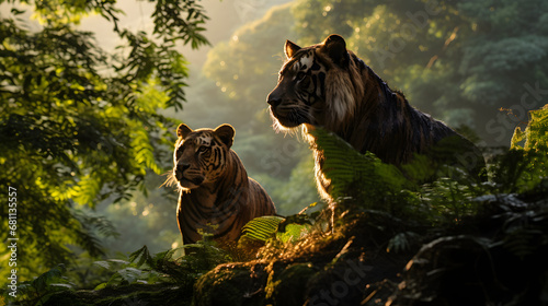 A Liguar, a majestic crossbreed of a male lion and a female jaguar, with a dense, lush jungle as the background, during a misty dawn photo